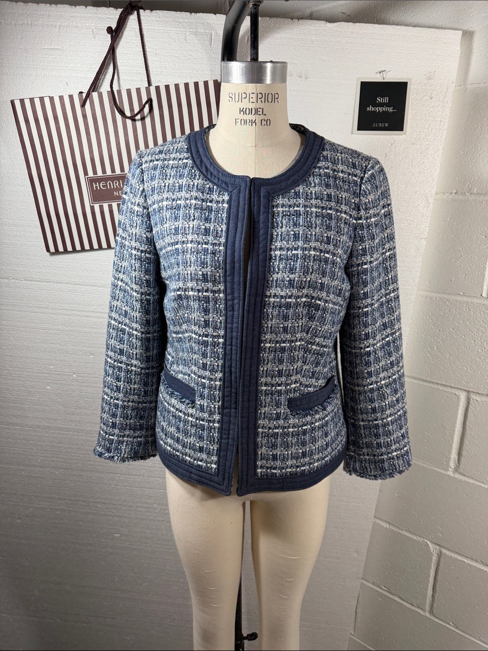 Talbots Blue Tweed Collarless Blazer